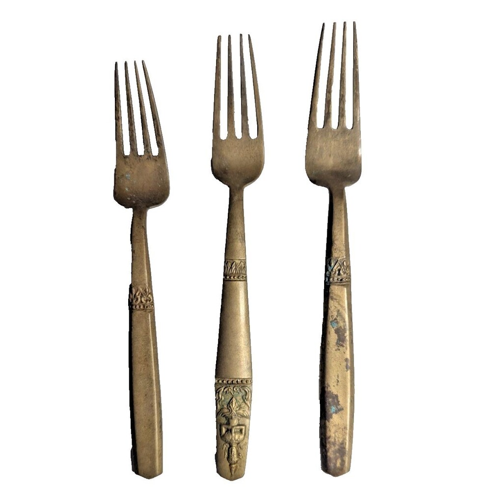Vintage 1940s Thailand Bronze Flatware Forks Set Of 3 Different Styles Marked
